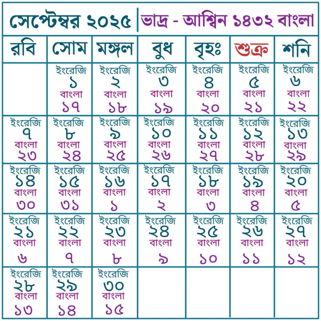 ২০২৫ সালের ক্যালেন্ডার বাংলা